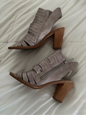 Donald J. Pliner Taupe Suede Cutout Block Heel Sandals